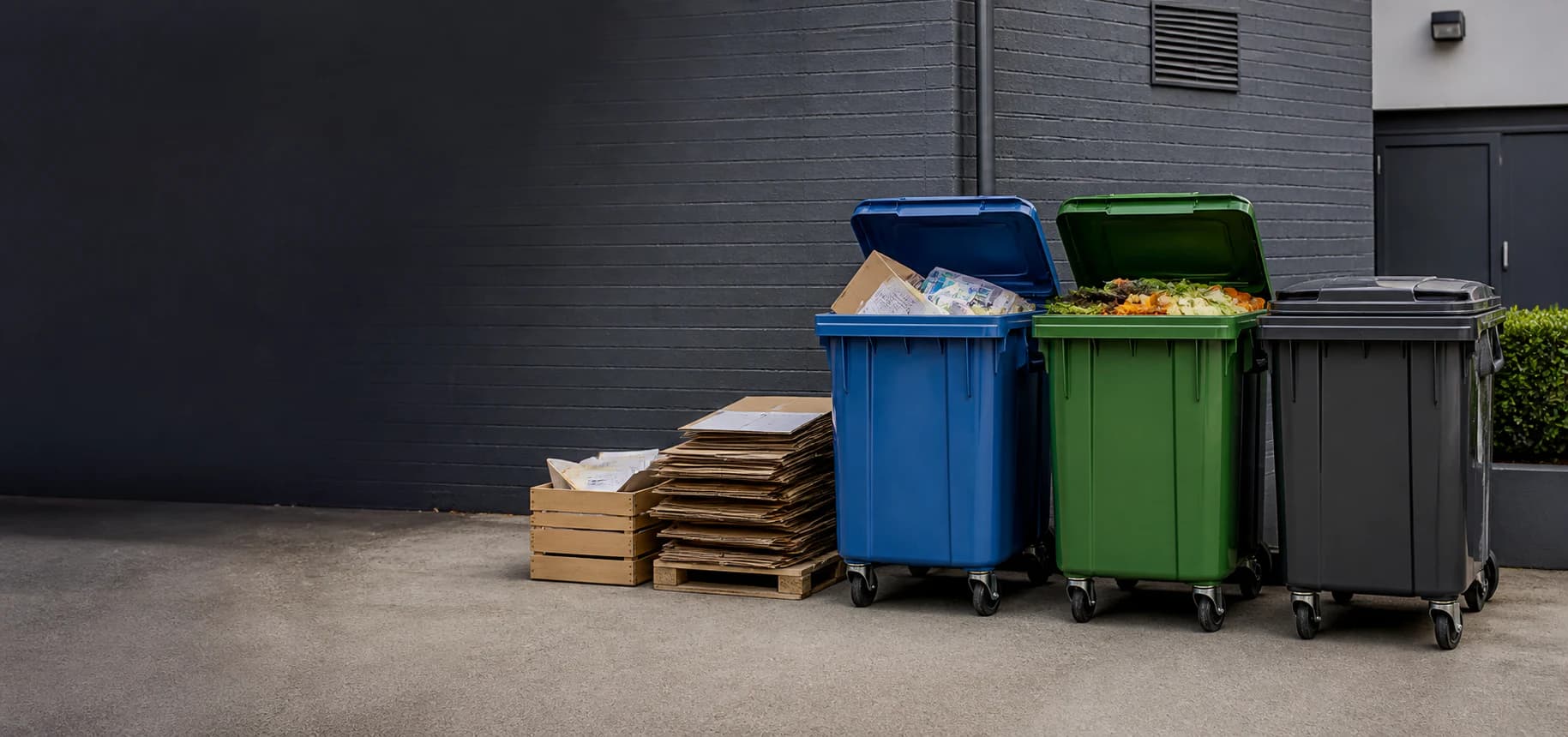 Separate recycling, food waste and residual waste bins outside a business premises